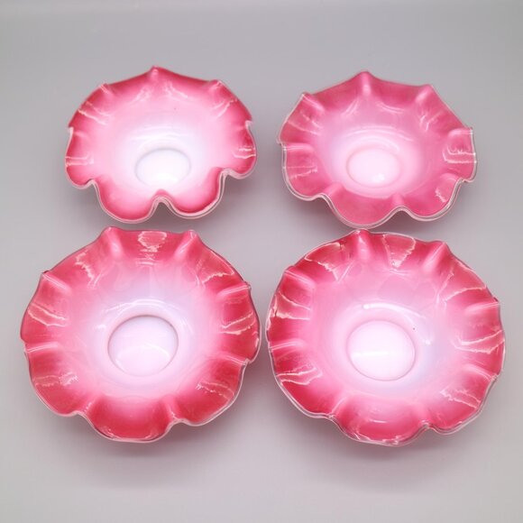 Antique Victorian Pink Cased Glass Ruffled Berry Bowls (Set of 4) - Picture 1 of 11